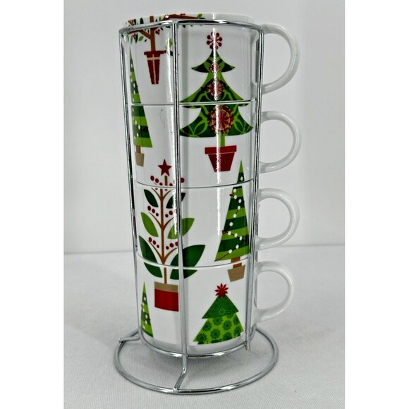 SET OF 4 Pier 1 Imports Stoneware Christmas Tree Holiday Stackable Mugs w Rack - Picture 1 of 13